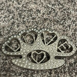 Rhinestone Love Heart brass knuckle Accent Silver Belt Buckle